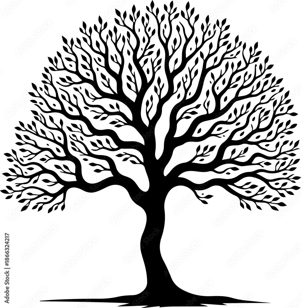 Obraz premium Majestic Tree with Full Canopy SilhouetteFlourishing Tree of Life Black IllustrationSpreading Branches Tree Silhouette Design