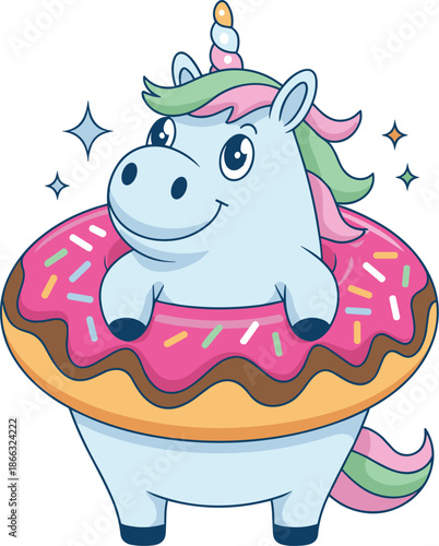 Cute cartoon unicorn character wearing donut floatie smiling happily fun magical animal illustration for children's book animation cheerful graphic design vibrant fantasy pet playful drawing summer va