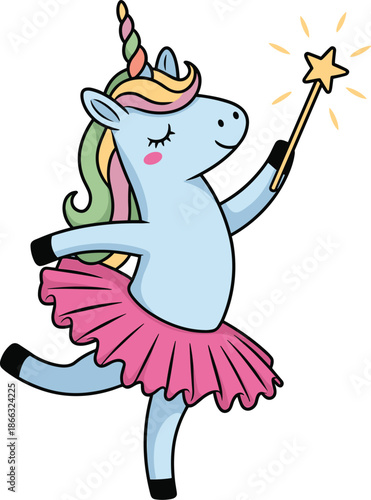 Cute cartoon blue unicorn ballerina dancing with magic wand illustration for children's book character design whimsical fantasy animal in pink tutu fairytale adventure educational content for kids pos