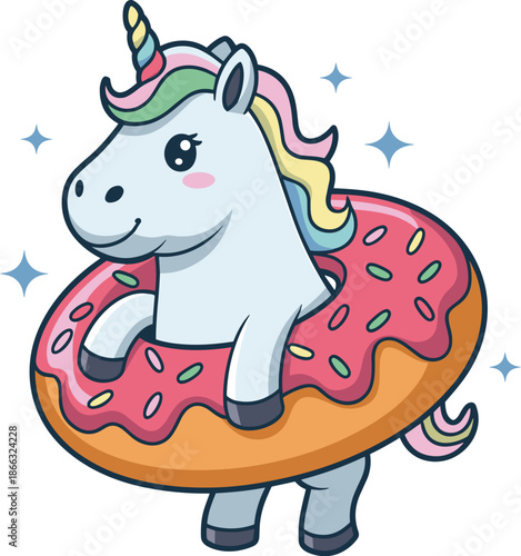 Cute cartoon unicorn in donut inflatable floaty swimming happy fun character illustration for kids birthday party invitation card design summer vacation holiday travel marketing advertising graphics c
