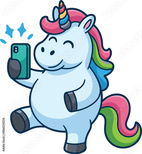 Cartoon unicorn taking selfie with smartphone happy rainbow hair cheerful animal character illustration for kids content educational materials children's books vibrant modern graphic design fun playfu