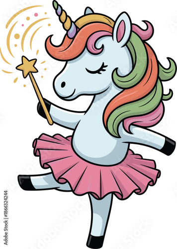 Cute cartoon unicorn ballerina dancing with magic wand casting spells light blue horse with rainbow mane wearing pink tutu whimsical character illustration for children's books fairytale themed birthd
