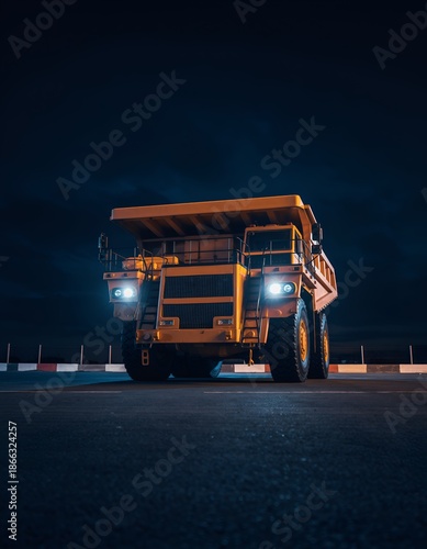 Large mining dump truck at night industrial site