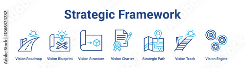 Strategic Framework web banner icon vector illustration concept for business with icon of Vision Roadmap, Vision Blueprint, Vision Structure, Vision Charter, Strategic Path, Vision Track.
