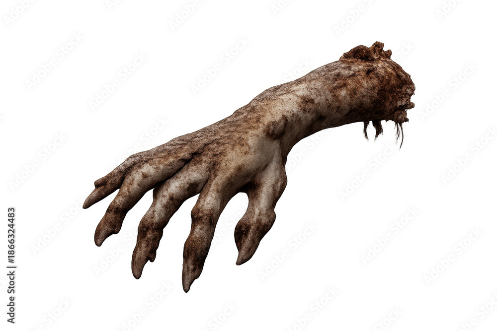 Obraz premium Zombie hand reaching out, severed limb with decaying flesh, gruesome monster arm for halloween or horror designs