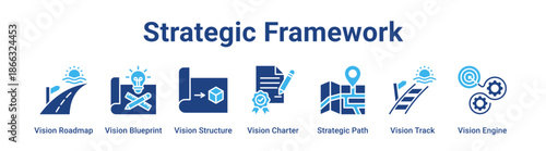 Strategic Framework web banner icon vector illustration concept for business with icon of Vision Roadmap, Vision Blueprint, Vision Structure, Vision Charter, Strategic Path, Vision Track.