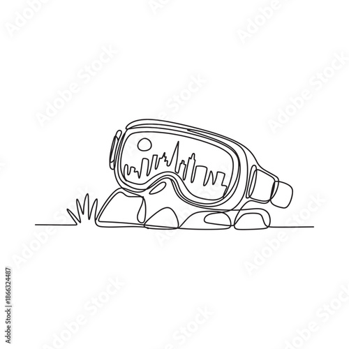 Continuous line drawing of scuba diving mask and underwater scene elements