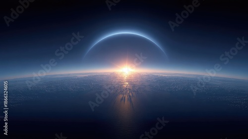 Breathtaking View of Earth from Space with Radiant Sunrise and Atmospheric Glow Illuminating the Horizon and Ocean Below in Dramatic Contrast
