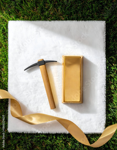 Gold bar and hammer on white fabric background