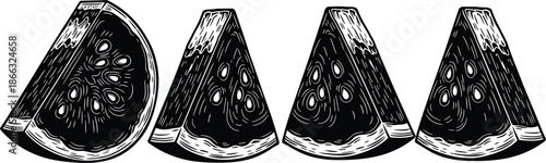 Black and white watermelon slice vector illustration, hand drawn fruit wedges with seeds, vintage 