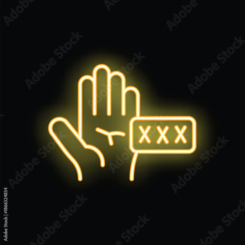 Glowing neon line hand showing xxx sign on black background for adult content