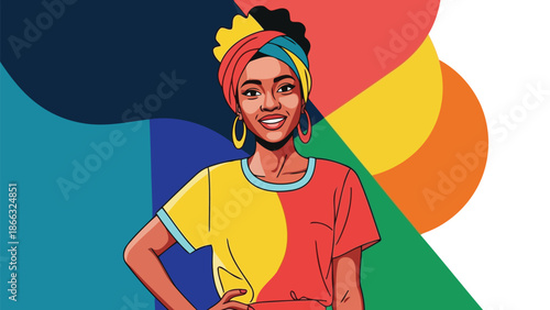 Vibrant portrait of a smiling Black woman with headwrap and abstract colors