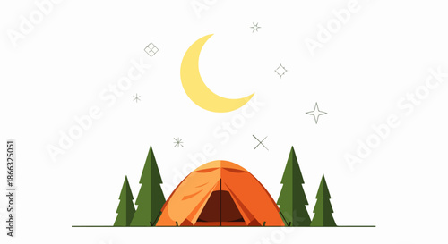 Camping tent under the crescent moon and stars at night.