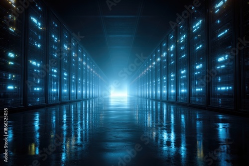 Computer servers line a reflective hallway, bathed in cool blue light, leading to an illuminated opening