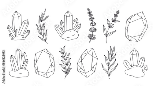 Collection of hand-drawn crystal and botanical elements minimalist line art for spiritual and wellness design isolated on white background
