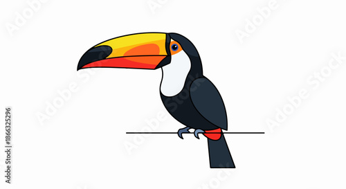 Vibrant Toucan Bird with Large Colorful Beak Perched on a Simple Line.