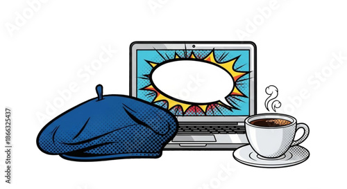 Blue beret placed beside laptop and cup of coffee on white background  