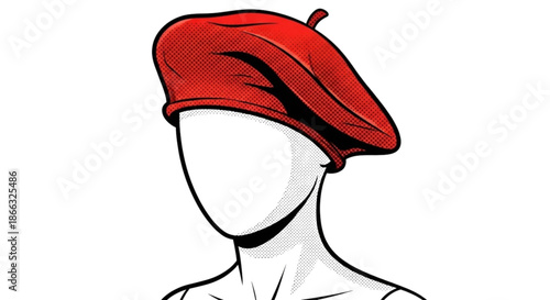 Red beret hat displayed on faceless mannequin in minimalist style  