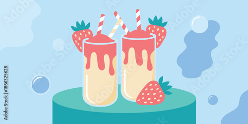 Refreshing strawberry smoothie drink with striped straw and fresh fruit garnish summer beverage refreshment illustration for healthy lifestyle advertising seasonal promotions food blog content vibrant