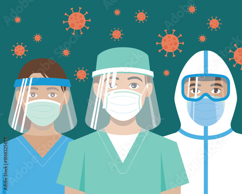Medical staff team wearing ppe face shield and mask for protection against virus outbreak disease professional healthcare workers in hospital coronavirus covid pandemic safety measures for medical pre