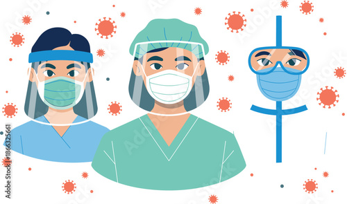 Diverse medical team wearing ppe personal protective equipment including face shields and masks in hospital setting during pandemic crisis for healthcare industry and medical professionals fighting in