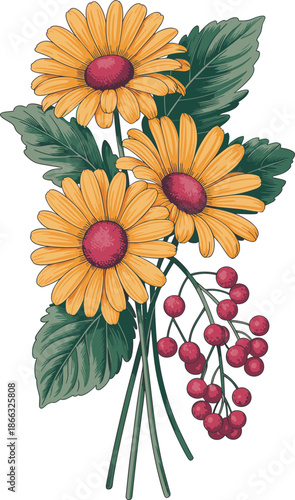 Elegant yellow daisy flower bouquet illustration with red berries and green leaves in a botanical arrangement for wedding invitations floral designs greeting cards spring summer seasonal decorations n