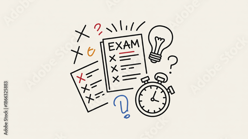 Hand-drawn doodle illustration of an exam paper with checklist stopwatch and lightbulb representing education and testing concepts