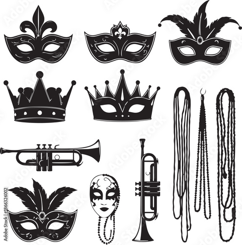 Collection of mardi gras masks crowns trumpets and feathers on white background