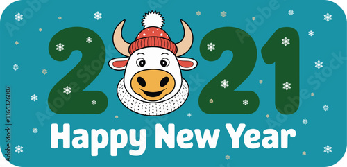 Cartoon ox 2021 new year greeting card design with cute animal illustration celebrating festive holiday season for marketing campaigns and social media content creation wishing happiness and prosperit