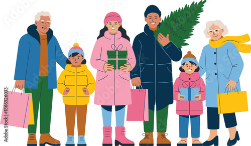 Happy multi-generational family preparing for Christmas holidays with gifts and Christmas tree festive season winter celebration joyful diverse group illustration for seasonal marketing campaigns fami