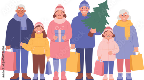 Happy family with kids and grandparents going christmas shopping holding gifts and tree illustration for holiday season celebration december tradition festive event marketing advertising concept vibra