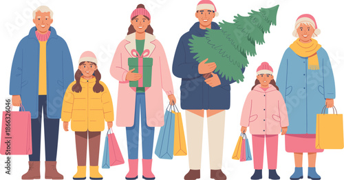 Happy multi-generational family shopping for Christmas tree and gifts winter holiday season joyful gathering festive celebration cheerful relatives buying presents for xmas advertising promotion