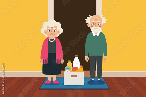 Senior Couple Receiving Food Delivery at Home During Pandemic Illustration Elderly Man and Woman Standing with Grocery Box at Doorway in Cartoon Style Healthcare and Social Assistance for Vulnerable C