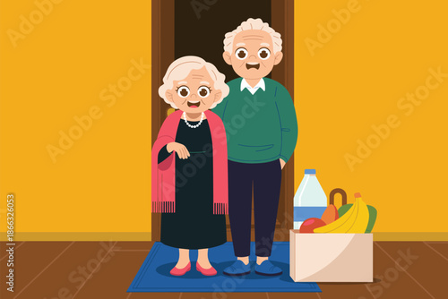 Smiling senior couple with groceries at front door vector illustration happy elderly woman and man receiving food delivery service from volunteer for social care programs community support and healthc