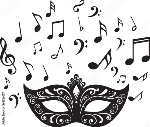 Masquerade mask with musical notes floating above