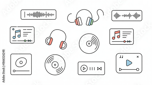 Collection of music icons including headphones vinyl records and audio waveforms flat vector design elements for digital media and apps isolated on white