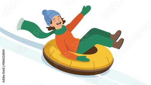 Cheerful young adult woman tubing down snowy hill on yellow inflatable tube happy winter vacation activity illustration for outdoor lifestyle recreational fun holiday season extreme sport marketing an