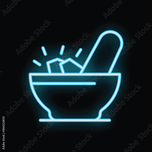 Blue neon icon of a mortar and pestle crushing ingredients, representing herbal medicine and traditional remedies