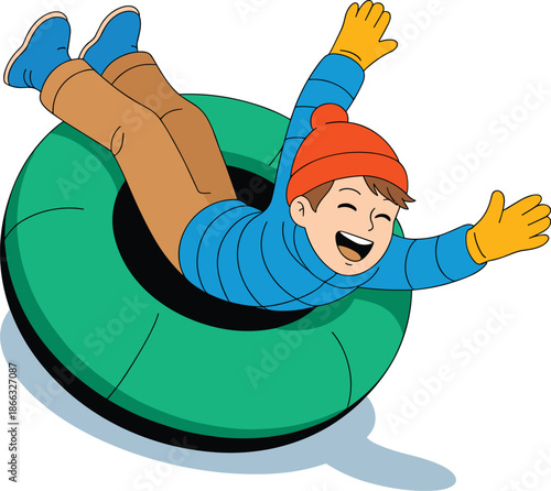 Cheerful young boy tubing downhill on green inflatable tube having fun winter activity illustration cartoon style graphic design element for seasonal holiday marketing children's entertainment and rec