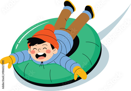 Cheerful young boy tubing downhill on green inflatable tube smiling with joy wearing winter hat and gloves enjoying fun outdoor activity seasonal holiday illustration for recreational family lifestyle