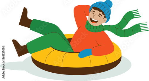 Happy cartoon boy tubing in winter wearing hat and scarf fun activity recreation cheerful youth enjoying snow tubing downhill ride seasonal illustration for holiday promotions and family entertainment