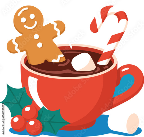Festive red mug of hot chocolate with gingerbread man and candy cane enjoying a warm bath illustration for holiday season winter christmas celebration festive mood seasonal greetings design concept