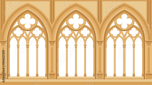 Gothic window illustration, pointed arch design, ornate tracery, quatrefoil motif, medieval architecture, stone column detail, historic structure, vertical elegance