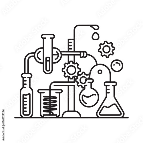 A detailed line drawing of laboratory glassware gears and scientific equipment