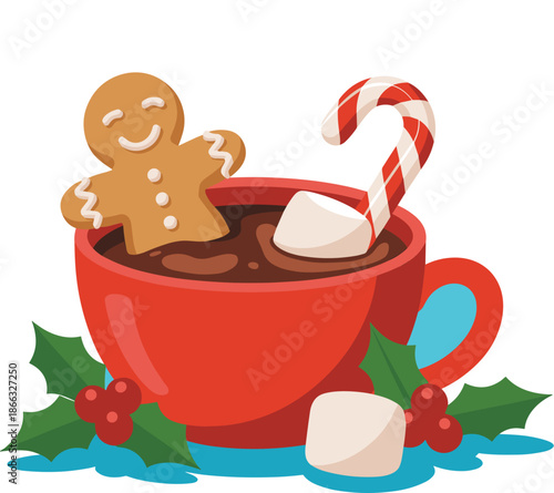 Festive gingerbread man relaxing in hot chocolate with marshmallows and candy cane holiday season illustration for Christmas winter celebrations and cozy beverage designs seasonal graphic element for