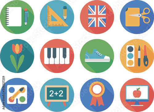 Flat design education illustration icons set depicting school supplies and educational resources for learning and academic success in classrooms and online courses representing knowledge and skill dev