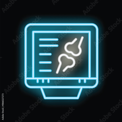 Glowing neon line icon of an x ray image displaying a spine on a monitor screen, representing medical imaging technology
