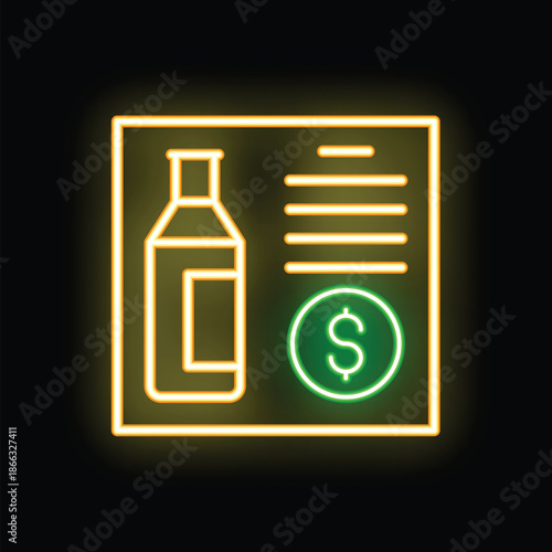 Neon green dollar sign with milk bottle and bill on black background representing grocery shopping cost