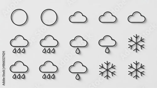 Collection of simple weather forecast icons including sun clouds rain and snowflakes designed in a minimalist flat style for web and app interfaces