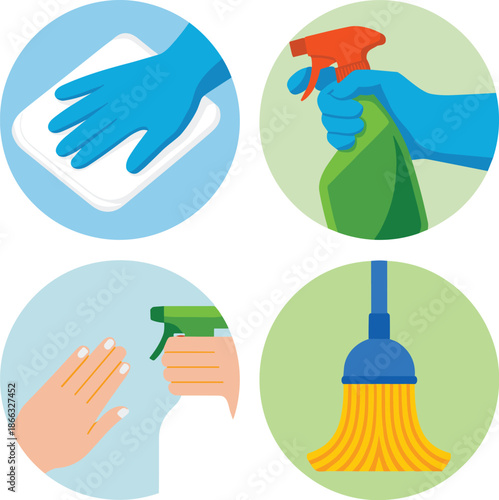 Cleaning and Disinfecting Hands and Surfaces for Germ Prevention and Hygiene Promotion in Home or Workplace Sanitization Using Wipes Sprays and Mops for Health and Safety Awareness Campaign Illustrati